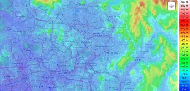 クアラルンプール（KL）の標高マップ