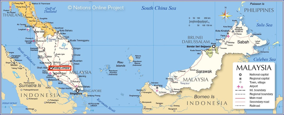 マレーシアの地図上のクアラルンプール(KL)