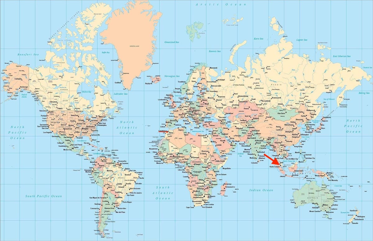 世界地図上のクアラルンプール(KL)の位置